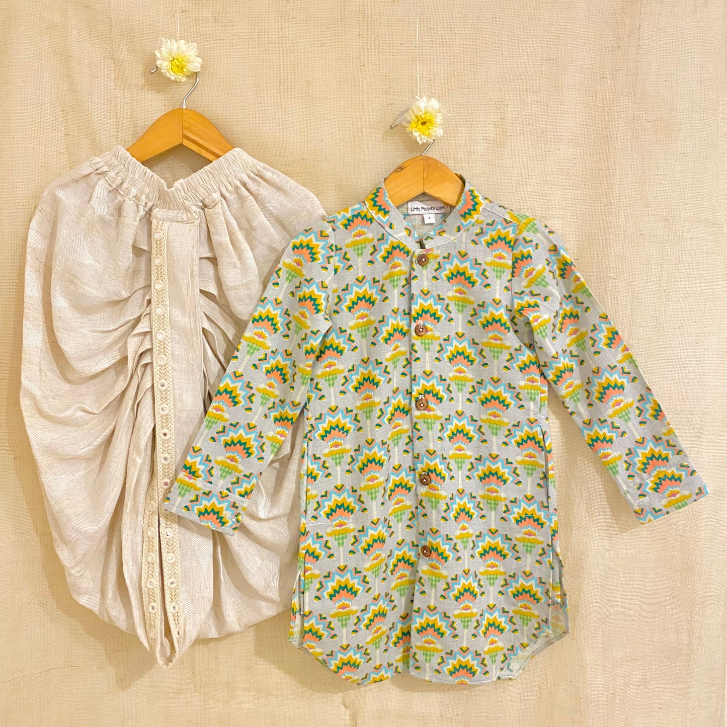 Cotton Linen Geometric Kurta Set