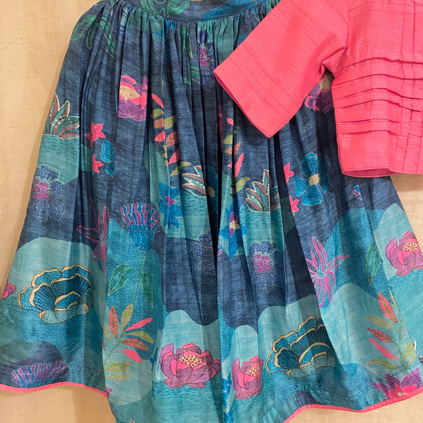 Turquoise Printed Cotton Silk Lehenga