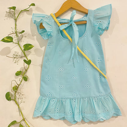 Aqua Eyelet Embroidery Dress with floral sling bag