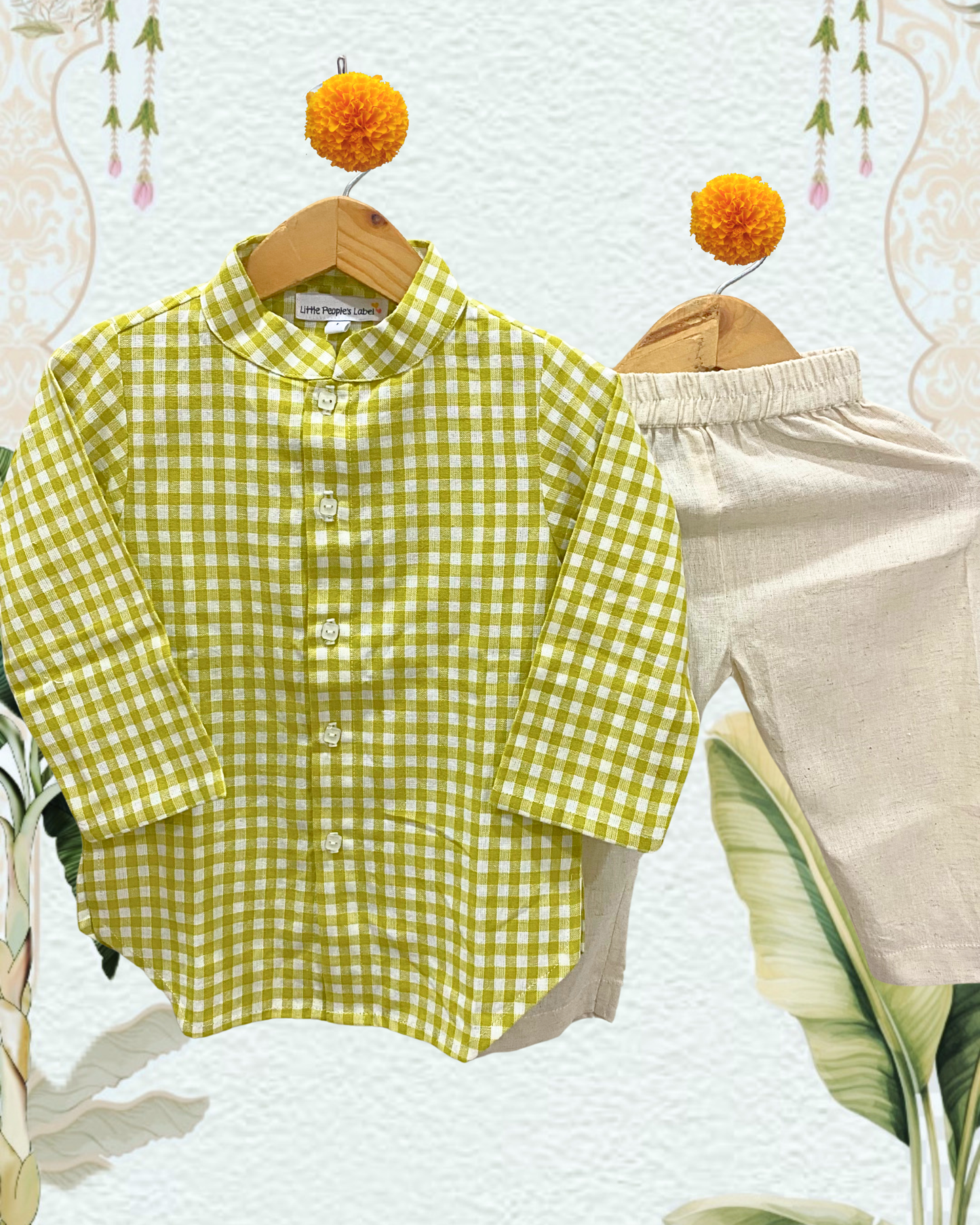 Checked South Cotton Kurta Set (Lime)