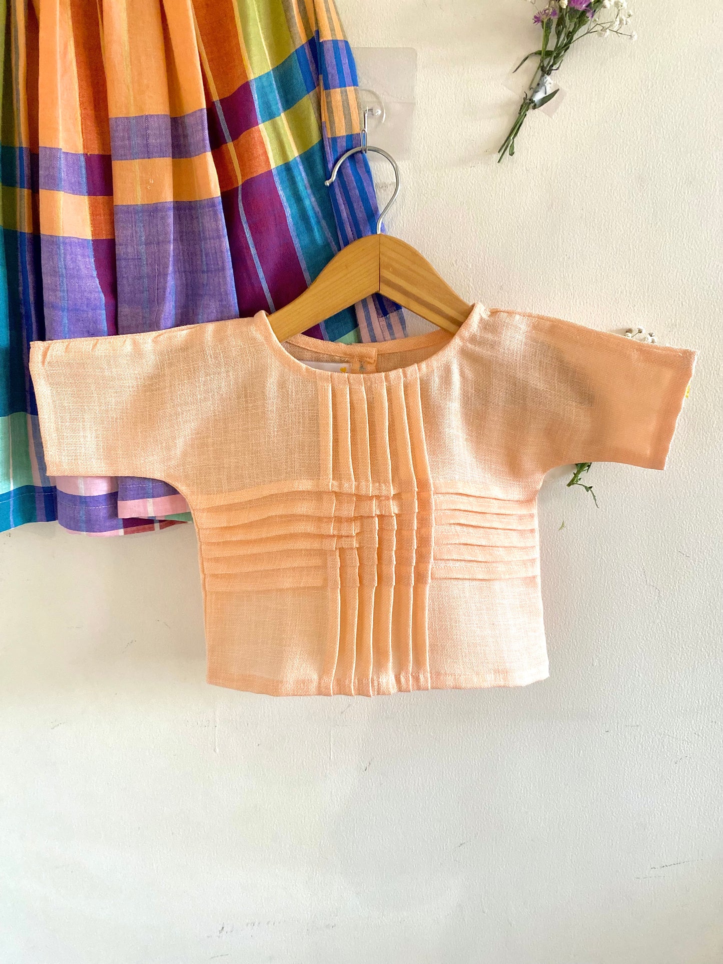 Madras Checks Midi Skirt-Peach Tucked Crop Coord Set