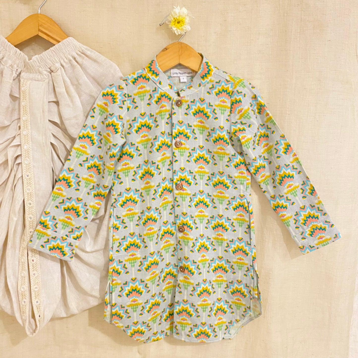 Cotton Linen Geometric Kurta Set