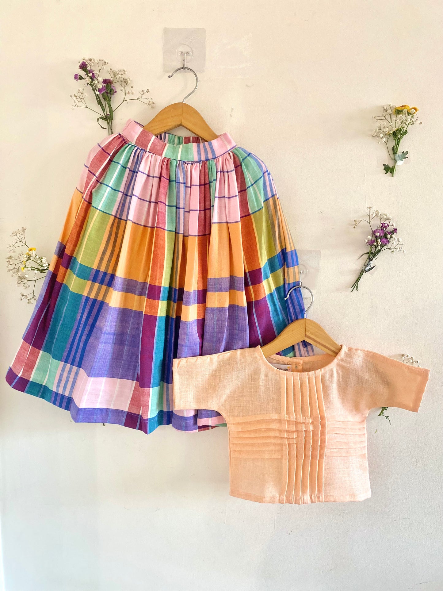 Madras Checks Midi Skirt-Peach Tucked Crop Coord Set