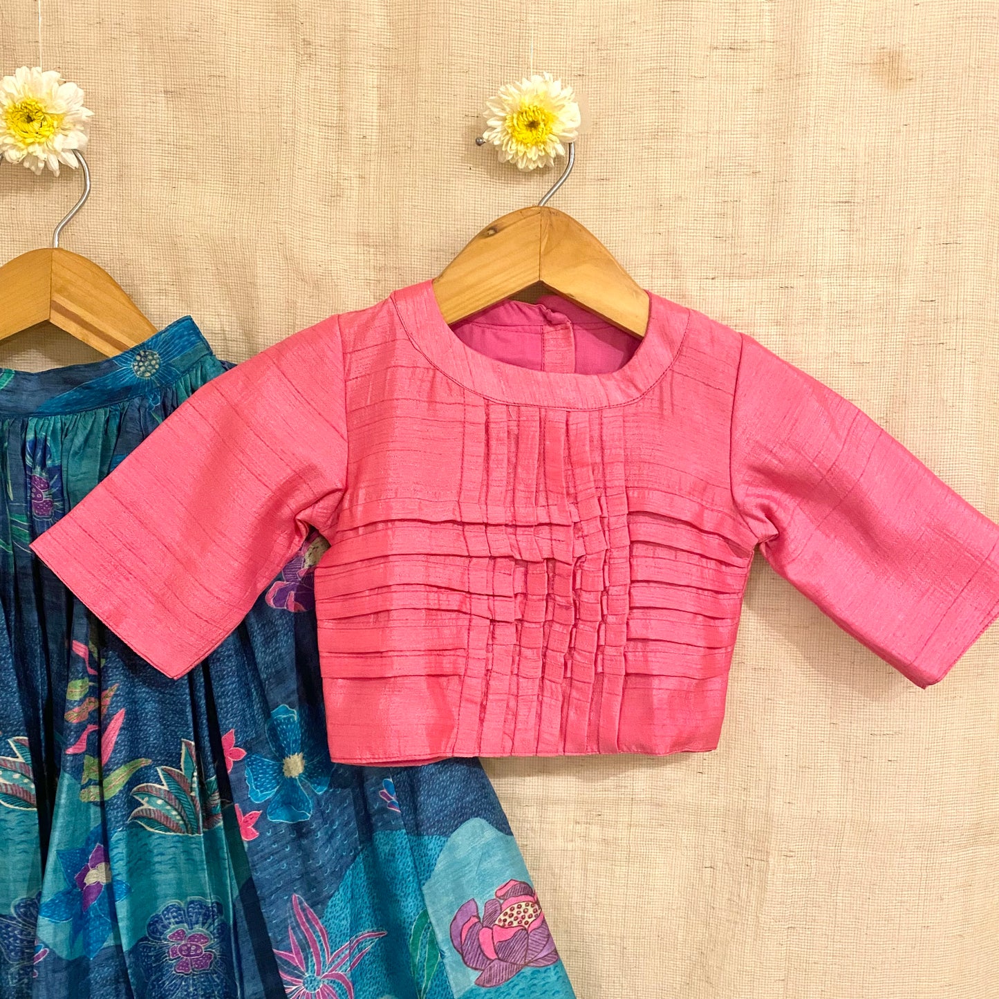 Turquoise Printed Cotton Silk Lehenga