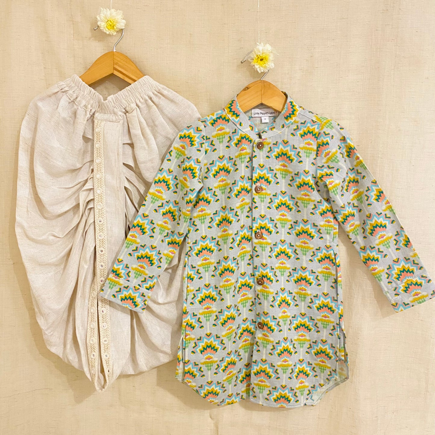 Cotton Linen Geometric Kurta Set