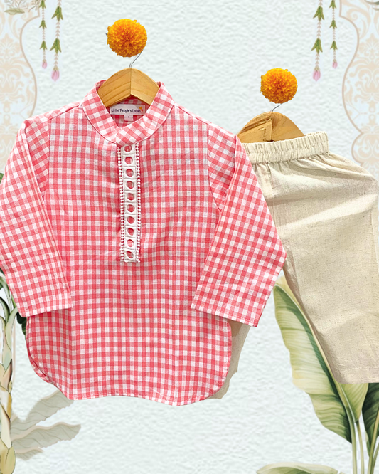 Checked South Cotton Kurta Set (Rose)