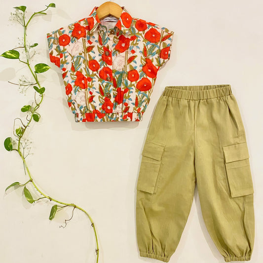 Khaki jogger and floral crop top coord set