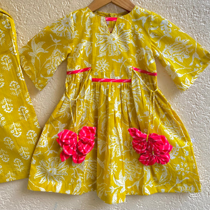 Mustard Block Print Kurta Set