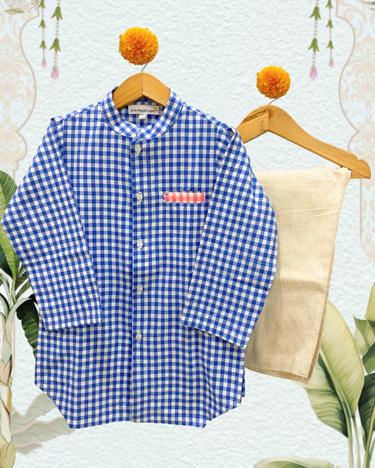 Checked South Cotton Kurta Set (Cobalt Blue)