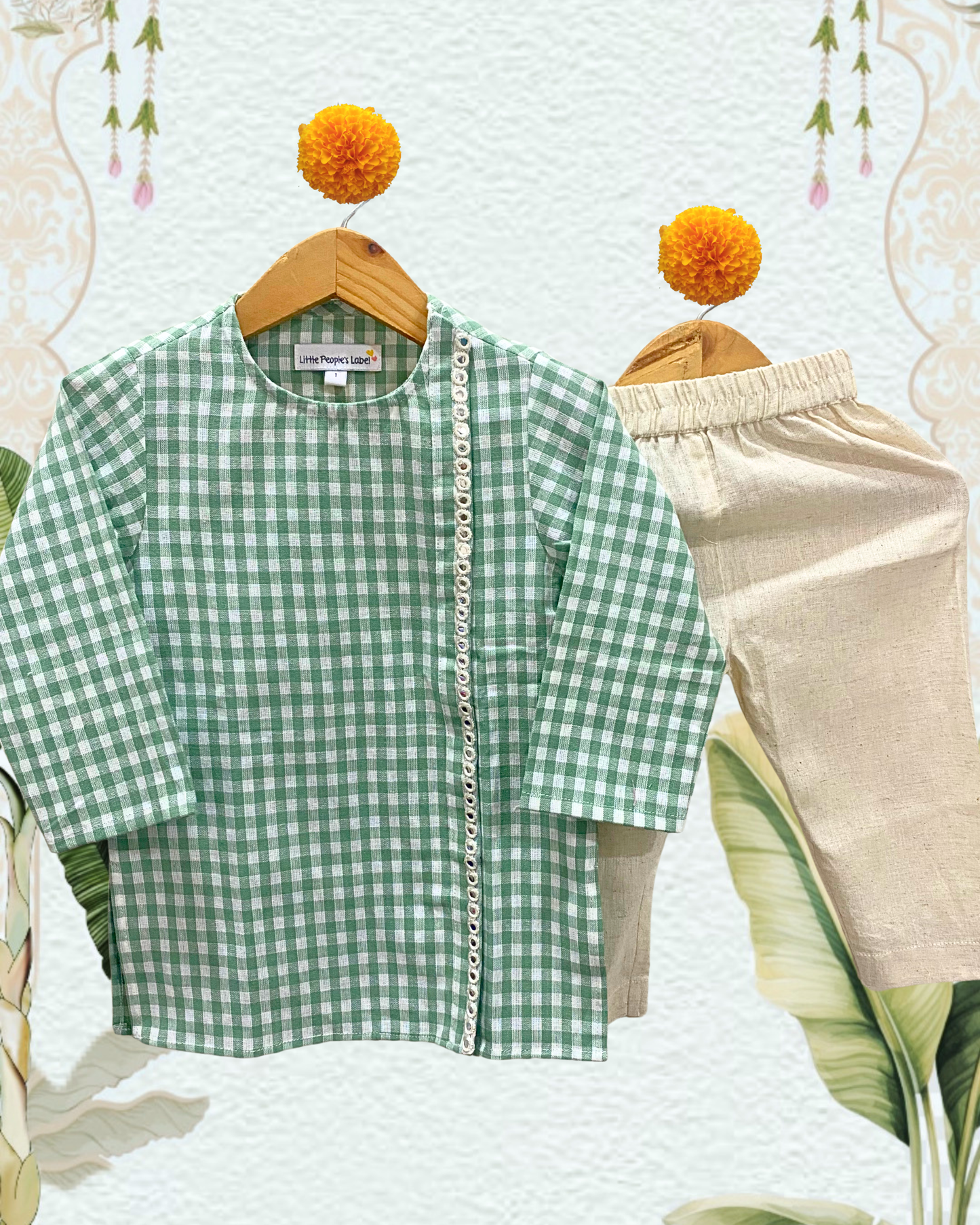 Checked South Cotton Kurta Set (Sage Green)